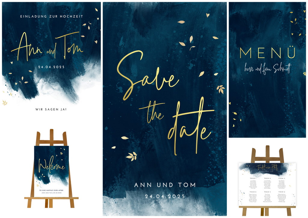 Hochzeitspapeterie mit dunkelblauem Aquarell und Goldfoliendruck